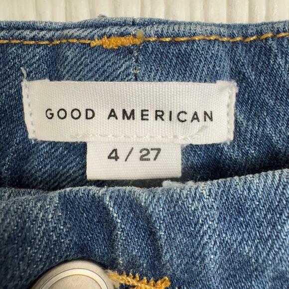 Good American Mid Rise Mom Jeans Sz 4 or 27 Casual Raw Hem Indiago 114 Cropped - Picture 5 of 11